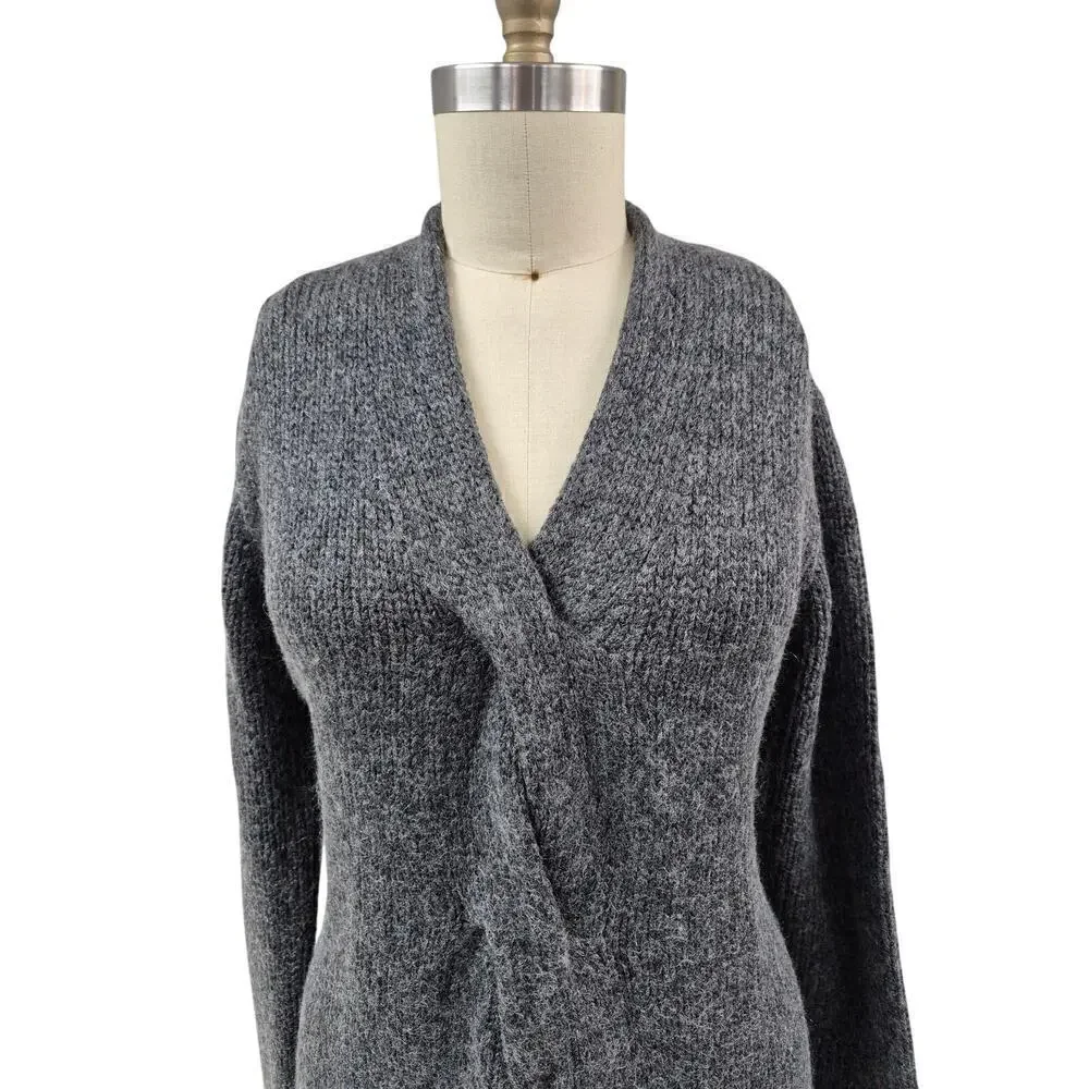 Eileen Fisher Charcoal Gray Twist front Italian Wool sweater Sz M